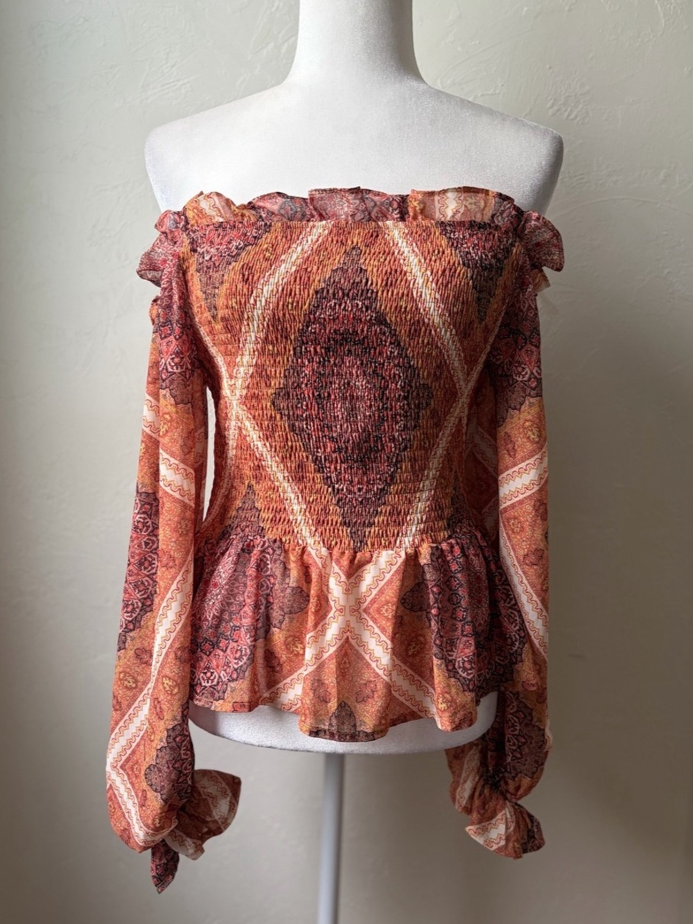 Flying Tomato Boho Paisley Off Shoulder Smocked Peplum Blouse L
